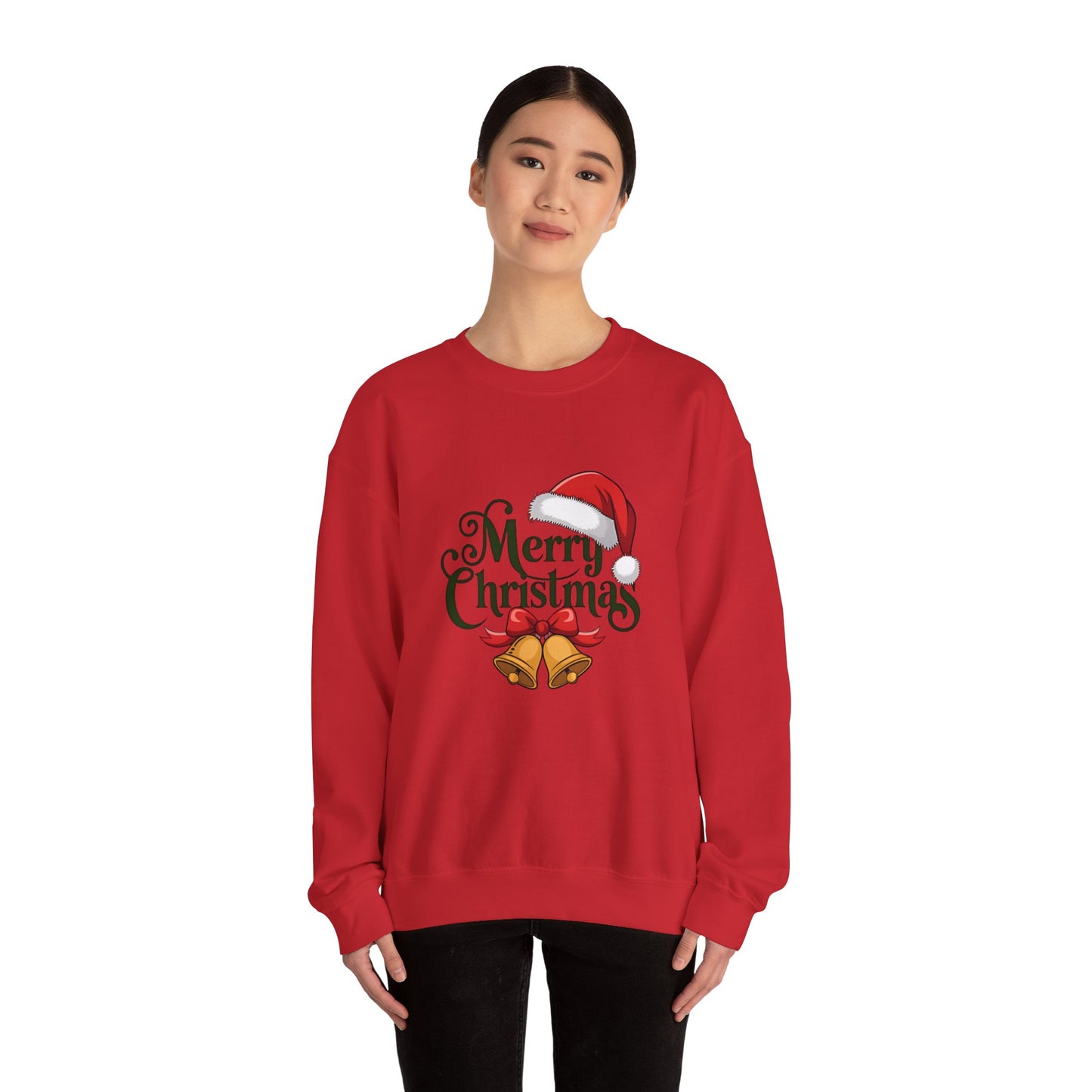 Christmas Crewneck Sweatshirt — "Merry Christmas" Santa Hat & Bells Holiday Sweatshirt