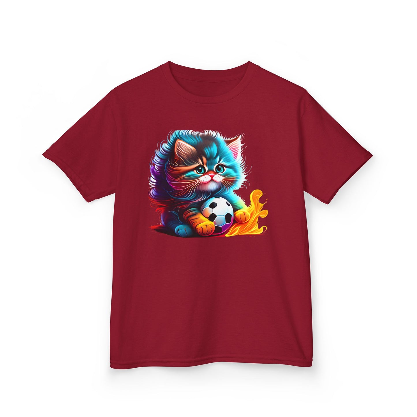 Cute Cat Soccer Kids Tee - Colorful Heavy Cotton Shirt for Young Sports Fans