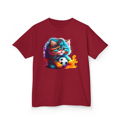 Cute Cat Soccer Kids Tee - Colorful Heavy Cotton Shirt for Young Sports Fans