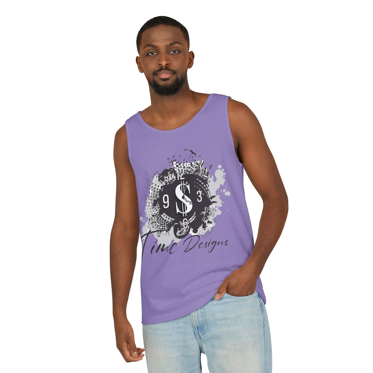 Unisex Garment-Dyed Tank Top with Time Designs - Casual Summer Wear, Beach Outfit, Gift for Friends, Vacation Essentials, Relaxed Style