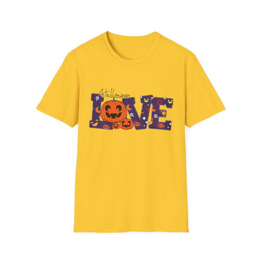 Halloween Love Graphic Tee, Unisex Softstyle T-Shirt for Fall, Halloween Party Shirt, Spooky Season Apparel, Gift for Pumpkin Lover