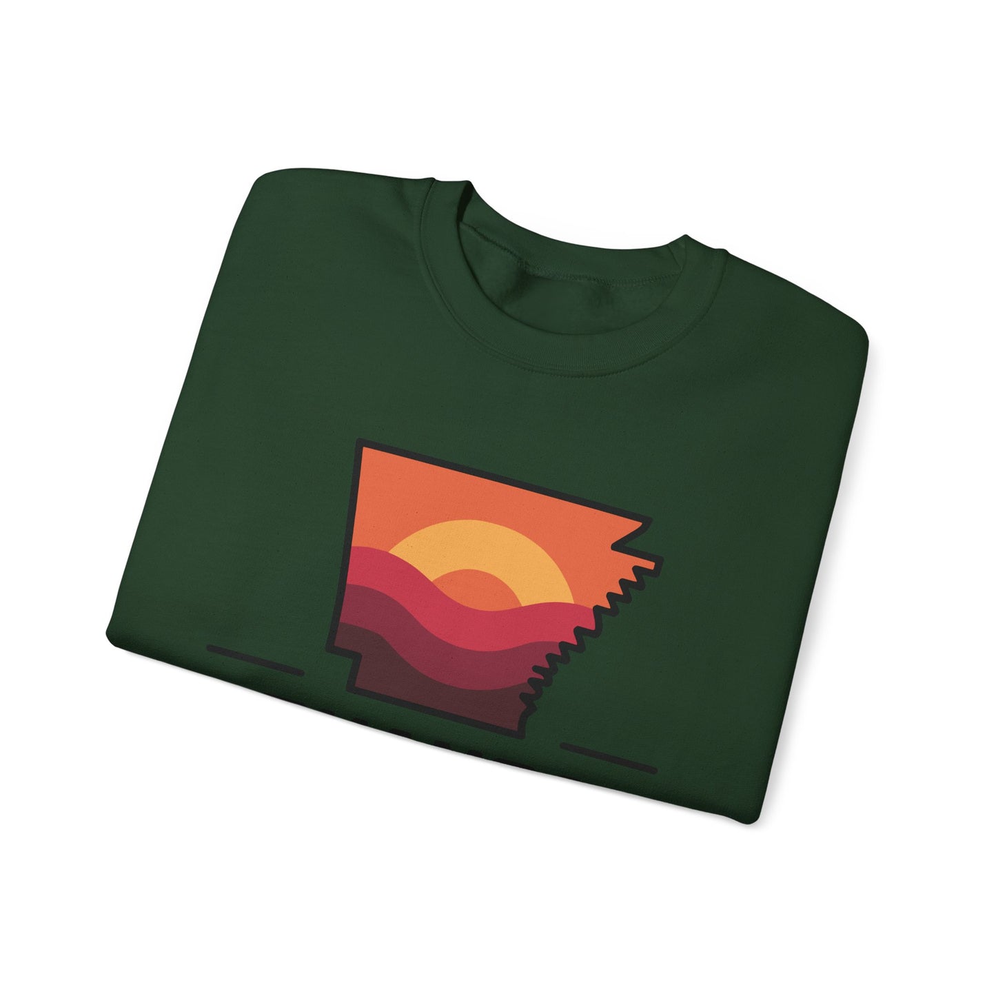 Arkansas Sunset Crewneck Sweatshirt — State Map Graphic, Est. 1836