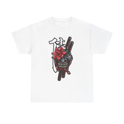 Unisex Heavy Cotton Tee - Floral Samurai Mask Design