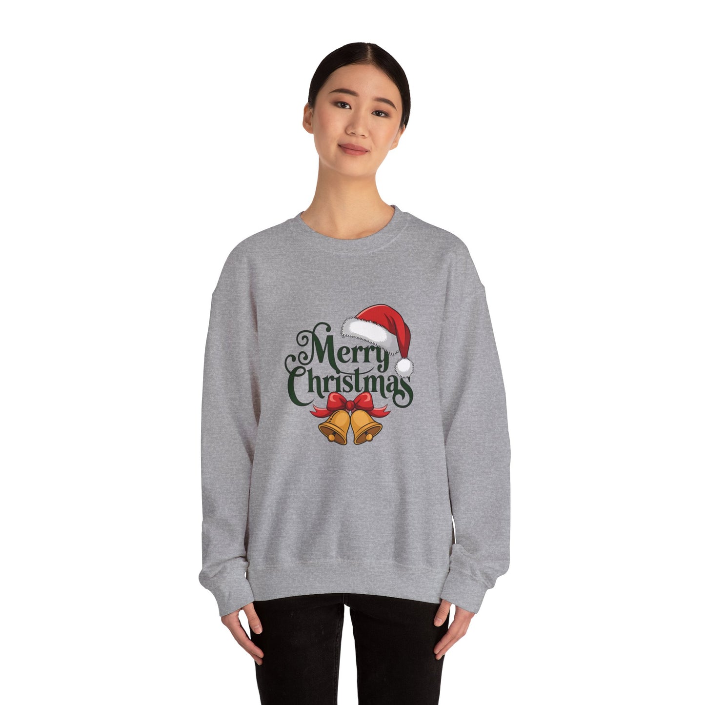 Christmas Crewneck Sweatshirt — "Merry Christmas" Santa Hat & Bells Holiday Sweatshirt