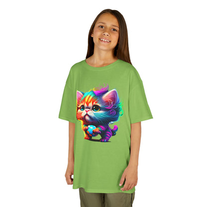 Colorful Cartoon Cat Kids Heavy Cotton Tee - Fun & Playful Design