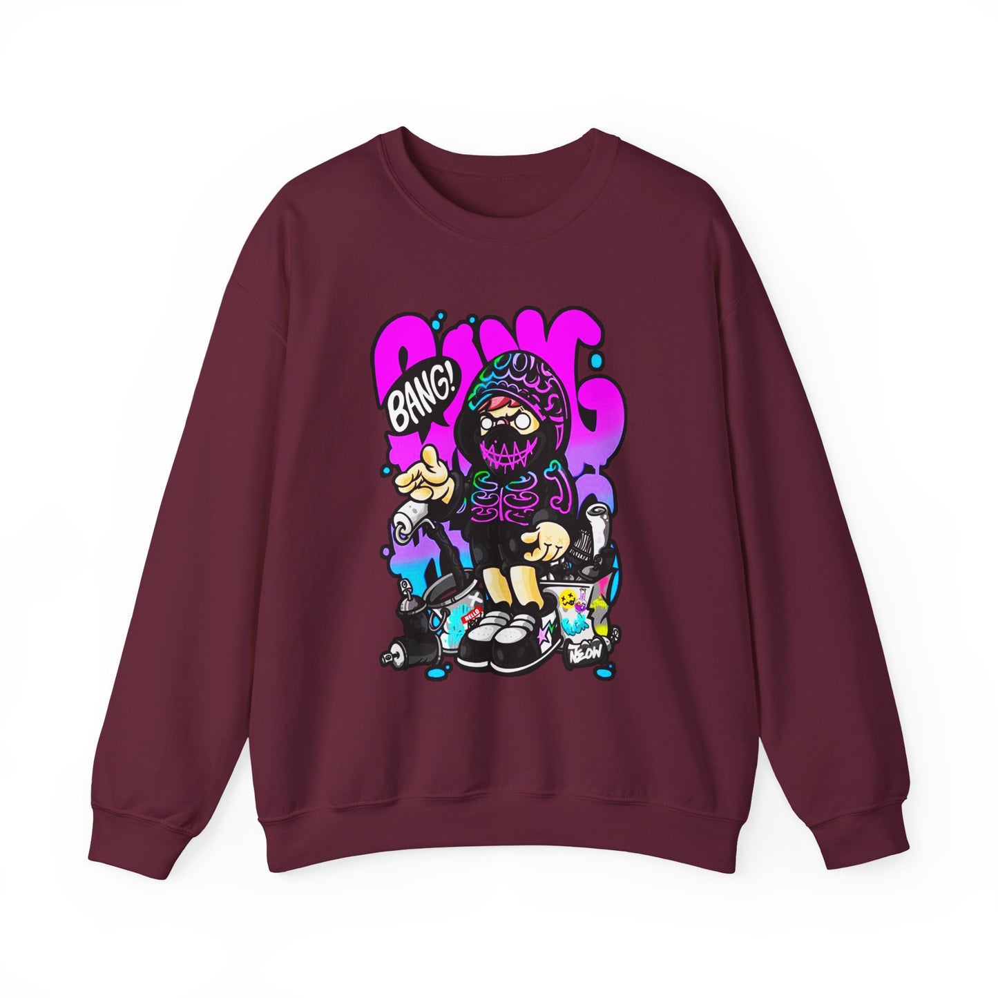 Streetwear Crewneck Sweatshirt — Cartoon Hoodie Character "BANG" Graphic