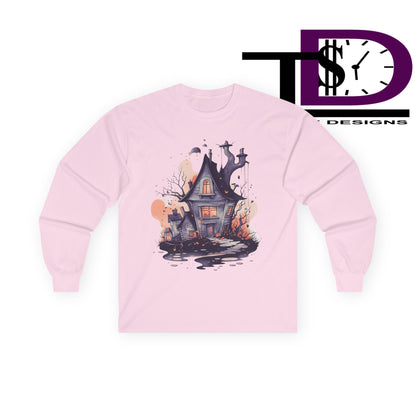 Spooky Haunted House Long Sleeve Tee, Halloween Shirt, Unisex Graphic Tee, Autumn Style, Cozy Fall Apparel, Horror T-Shirt