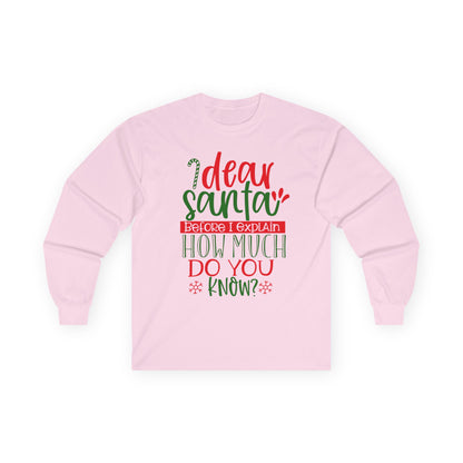 Unisex Holiday Long Sleeve Tee - 'Dear Santa, How Much Do You Know?' Christmas Shirt, Xmas Gift, Cozy Winter Wear, Fun Holiday Apparel