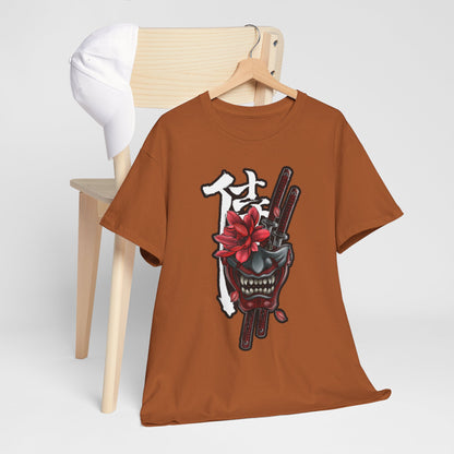 Unisex Heavy Cotton Tee - Floral Samurai Mask Design