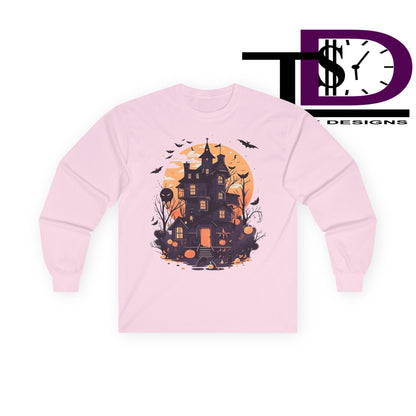 Halloween Haunted House Long Sleeve Tee - Spooky Vibes, Fall Fashion, Halloween Costume, Unisex Apparel, Gift for Ghost Lovers