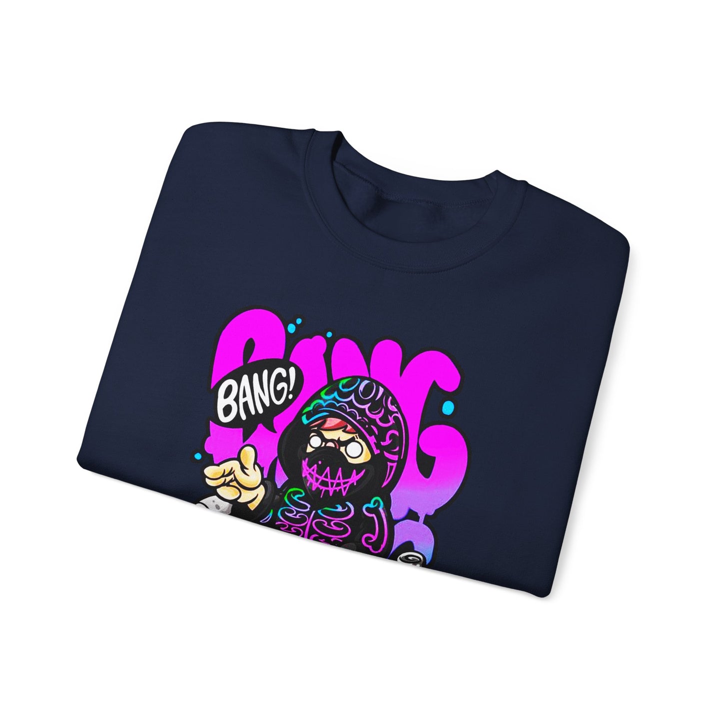 Streetwear Crewneck Sweatshirt — Cartoon Hoodie Character "BANG" Graphic