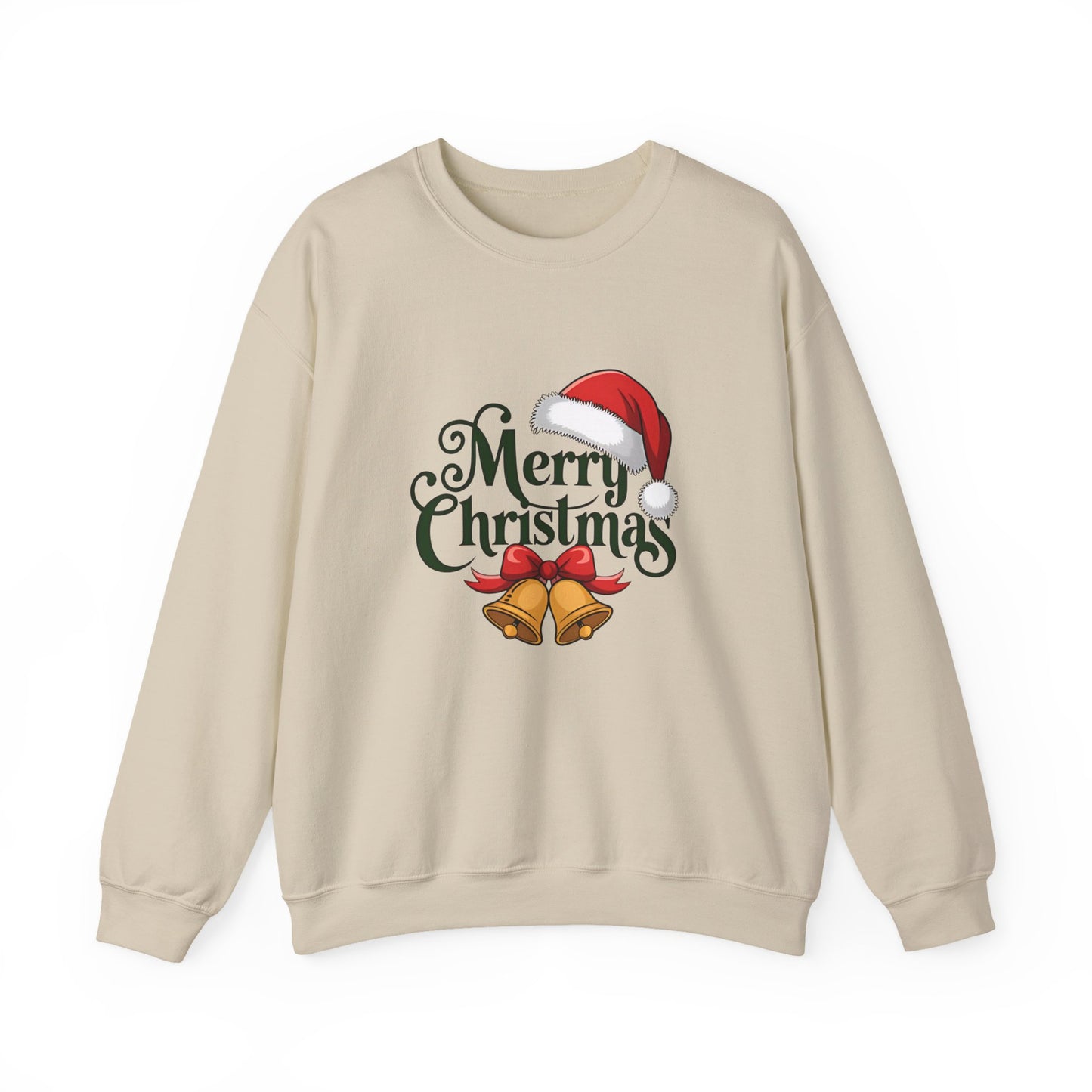 Christmas Crewneck Sweatshirt — "Merry Christmas" Santa Hat & Bells Holiday Sweatshirt