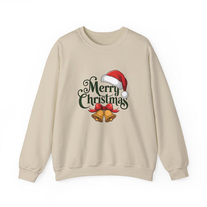 Christmas Crewneck Sweatshirt — "Merry Christmas" Santa Hat & Bells Holiday Sweatshirt