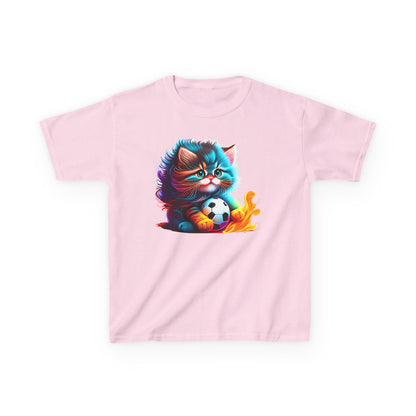 Cute Cat Soccer Kids Tee - Colorful Heavy Cotton Shirt for Young Sports Fans