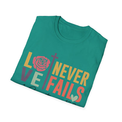Faith-Inspired Unisex T-Shirt - "Love Never Fails" - Christian Apparel, Gift for Friends, Inspirational Wear, Bible Verse Tee