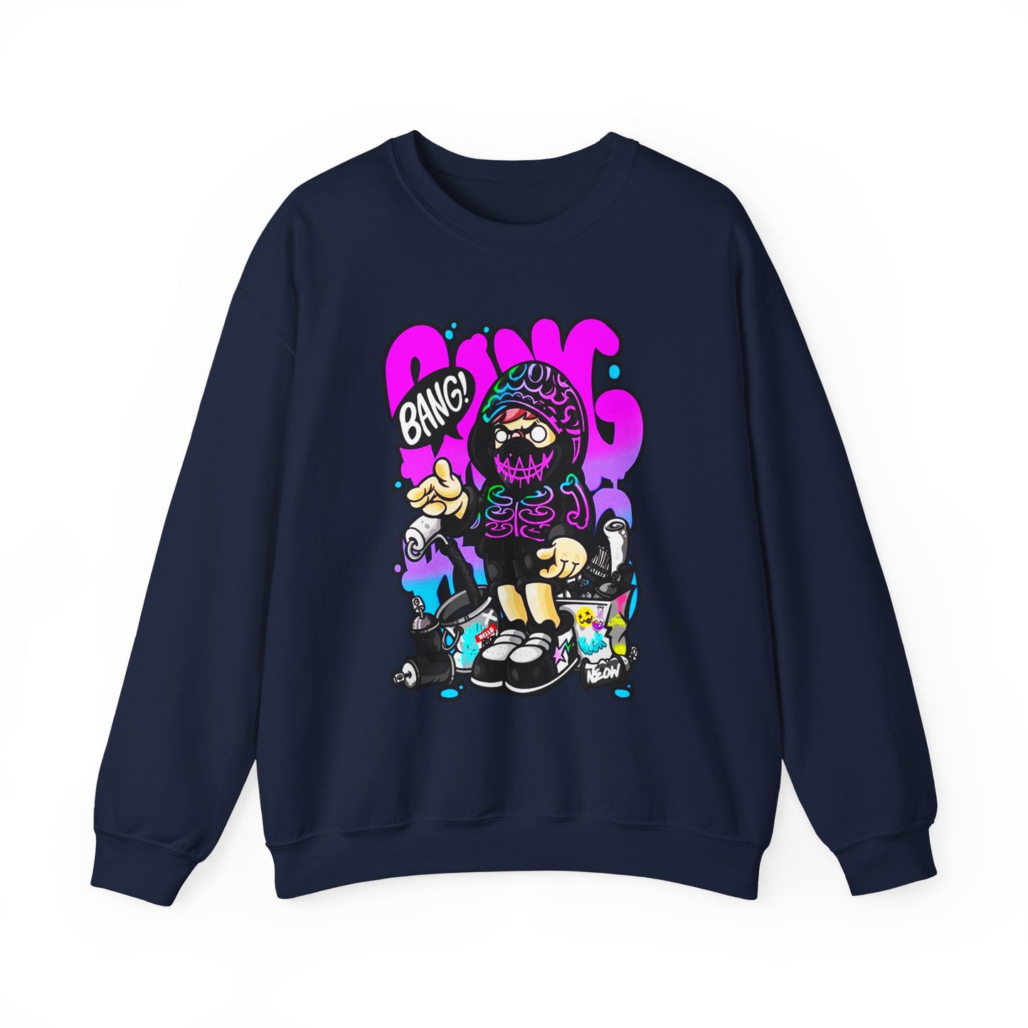 Streetwear Crewneck Sweatshirt — Cartoon Hoodie Character "BANG" Graphic