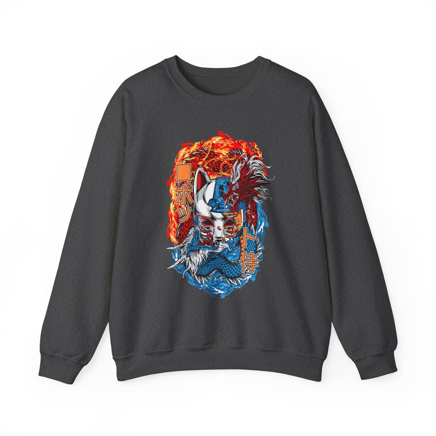 Kitsune Dragon Clash Crewneck Sweatshirt — Fiery Red & Blue Japanese Mask Design