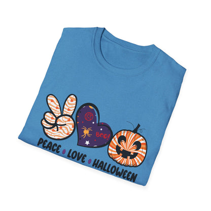 Halloween Peace Love T-Shirt, Unisex Graphic Tee for Fall Celebrations, Cozy Autumn Style, Perfect for Halloween Parties, Gifts
