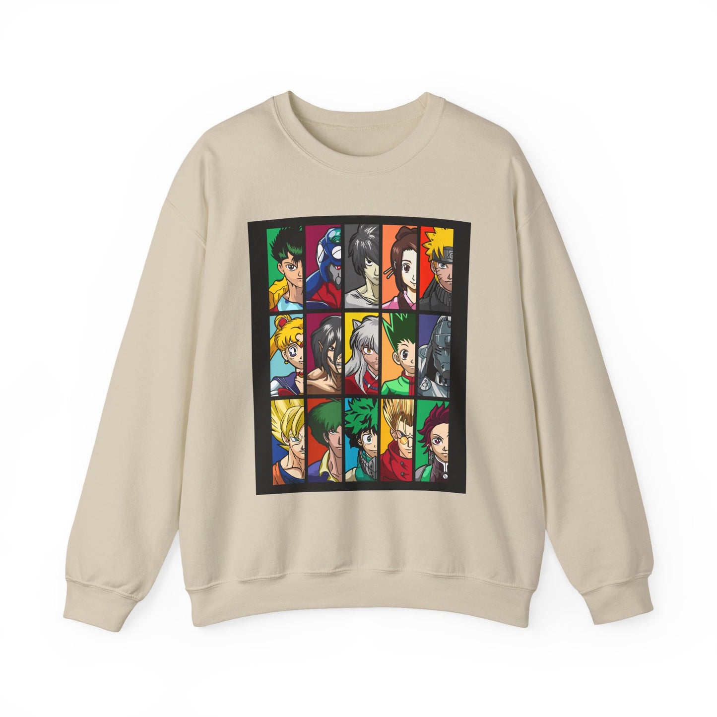 Anime Character Grid Sweatshirt — Collage Crewneck for Fans