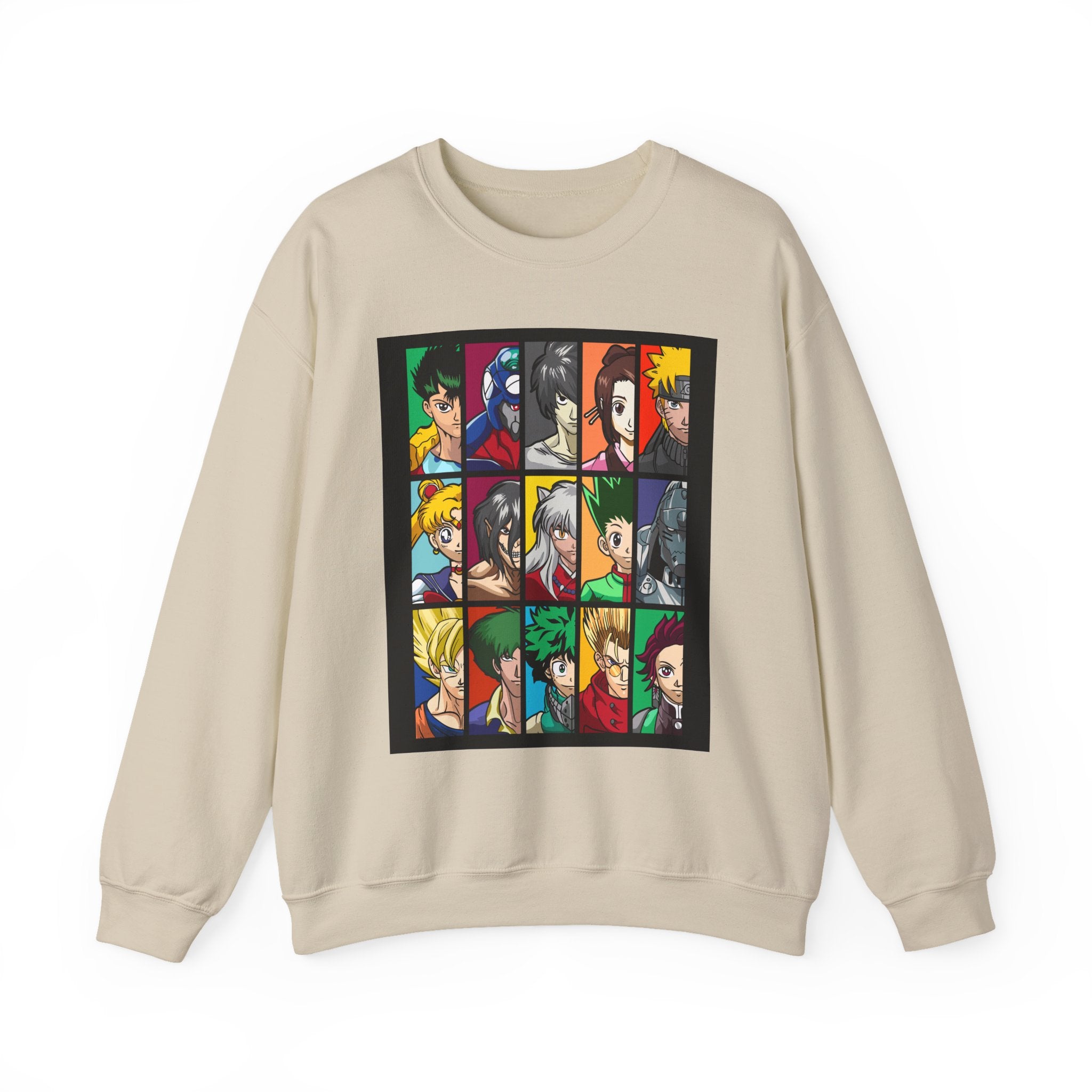 Anime Character Grid Sweatshirt — Collage Crewneck for Fans