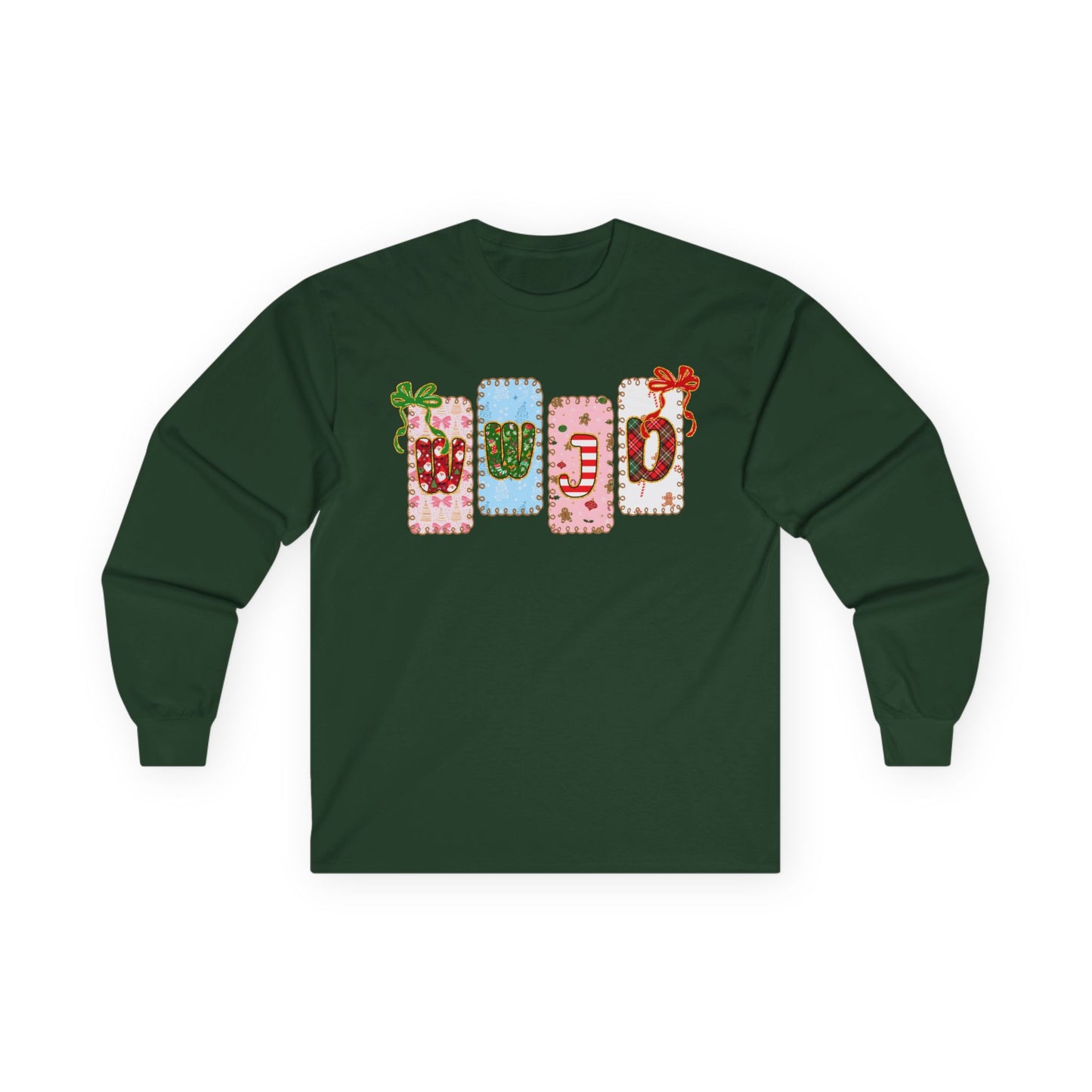 Long Sleeve Tee — Festive Gift Tag Graphic (Holidays, Christmas)