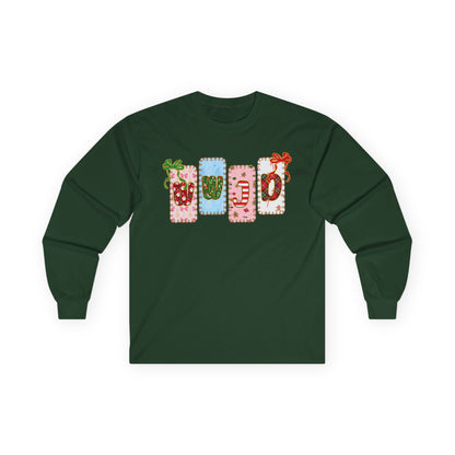 Long Sleeve Tee — Festive Gift Tag Graphic (Holidays, Christmas)