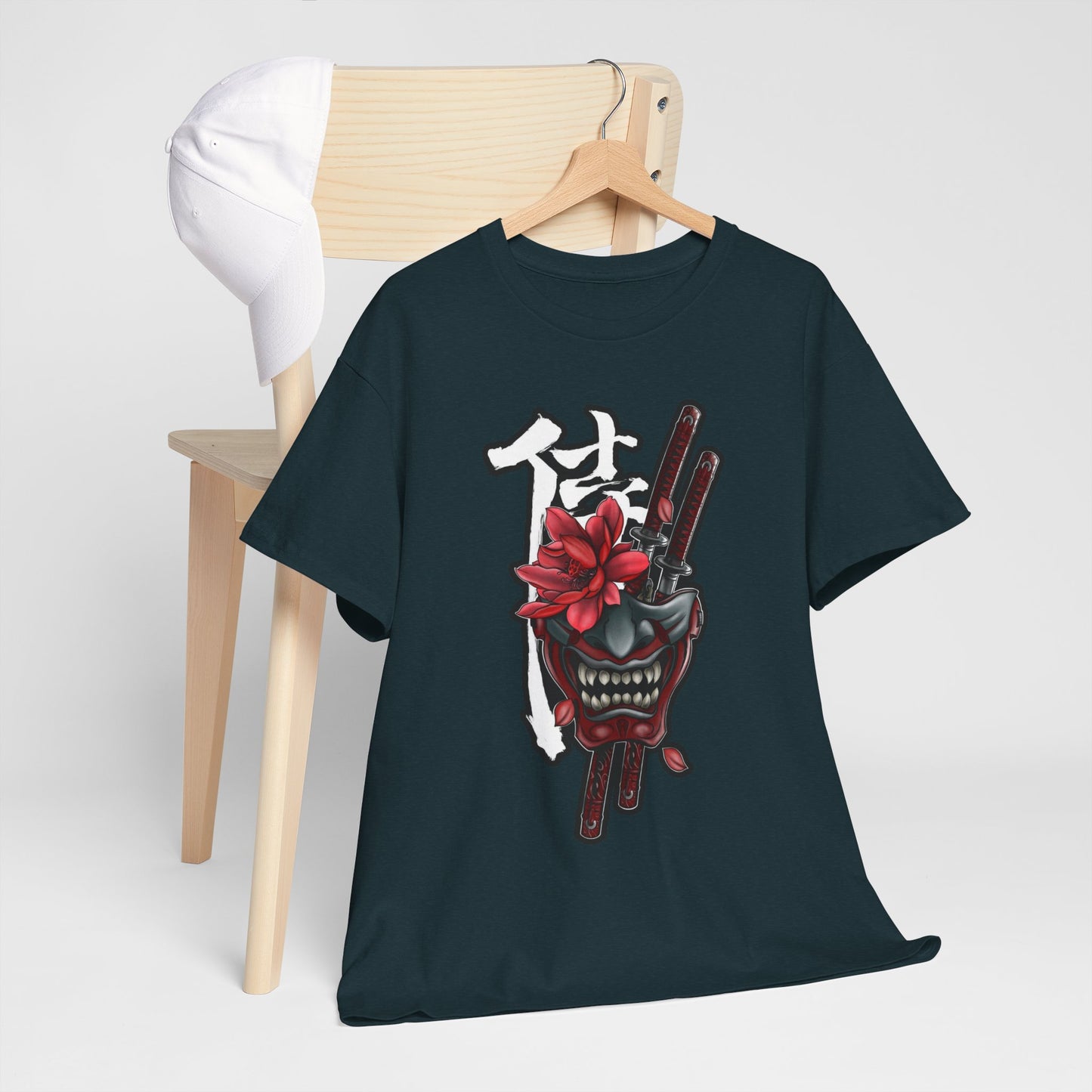 Unisex Heavy Cotton Tee - Floral Samurai Mask Design
