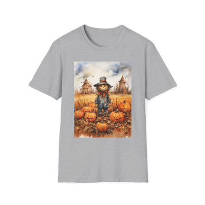 Autumn Scarecrow T-Shirt, Fall Halloween Tee, Pumpkin Patch Shirt, Unisex Graphic Top, Cozy Harvest Apparel