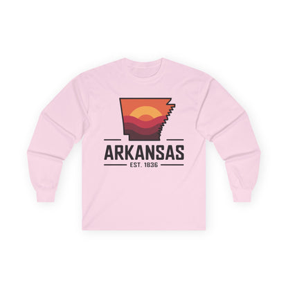 Arkansas Sunset State Long Sleeve Tee — EST. 1836 Retro Graphic
