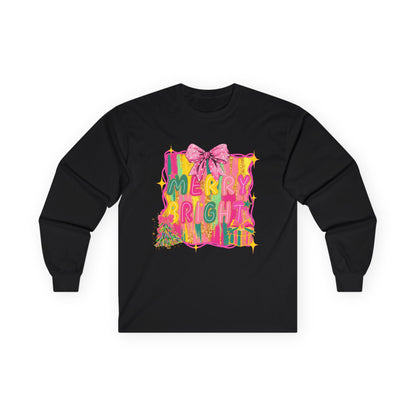 Merry Bright Long Sleeve Tee — Colorful Holiday Graphic Shirt