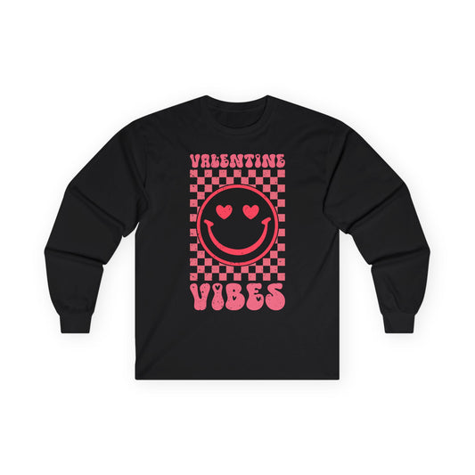 Valentine Vibes Long Sleeve Tee — Heart-Eyed Smiley Valentine Shirt