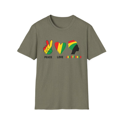 Juneteenth Peace Love Unisex Softstyle T-Shirt, Graphic Tee, Black History Month, Celebration Wear, Gift for Activists