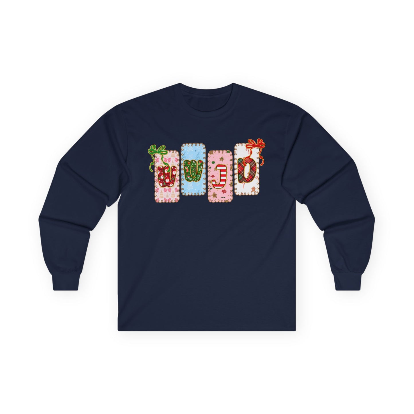 Long Sleeve Tee — Festive Gift Tag Graphic (Holidays, Christmas)