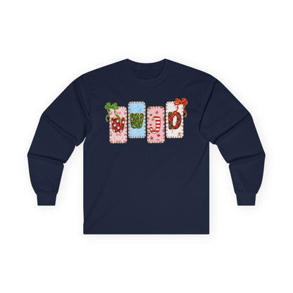 Long Sleeve Tee — Festive Gift Tag Graphic (Holidays, Christmas)