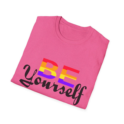 LGBTQ+ Pride Unisex T-Shirt, BE Yourself Quote Tee, Softstyle Graphic Shirt for Pride Month, Affirmation Apparel, Inclusive Fashion