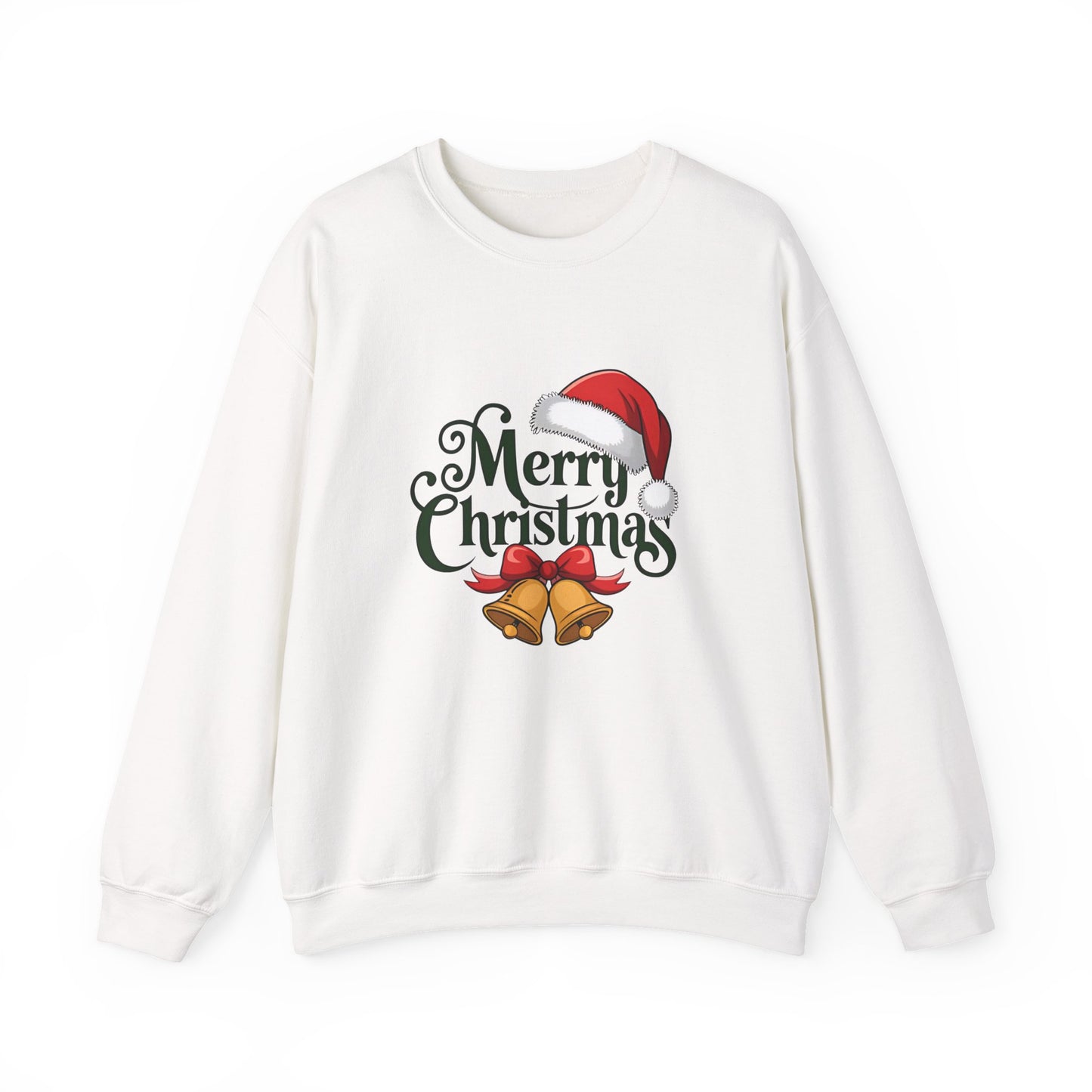 Christmas Crewneck Sweatshirt — "Merry Christmas" Santa Hat & Bells Holiday Sweatshirt
