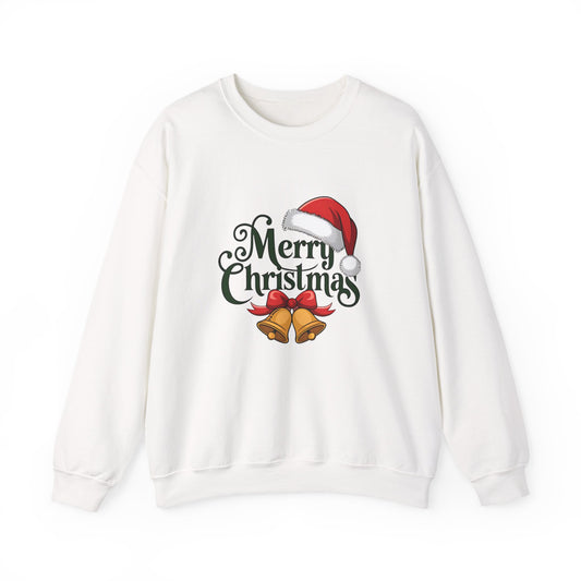 Christmas Crewneck Sweatshirt — "Merry Christmas" Santa Hat & Bells Holiday Sweatshirt