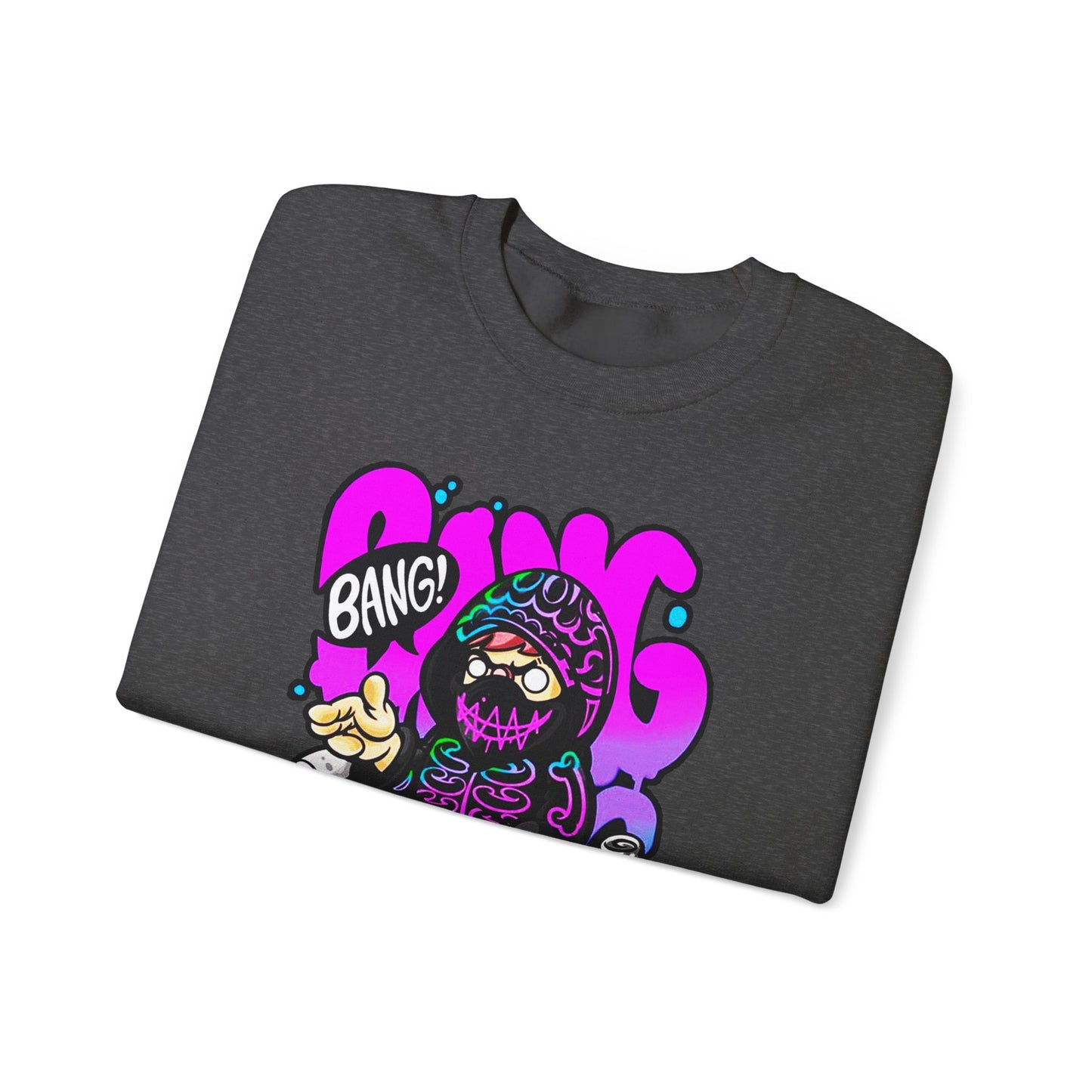 Streetwear Crewneck Sweatshirt — Cartoon Hoodie Character "BANG" Graphic