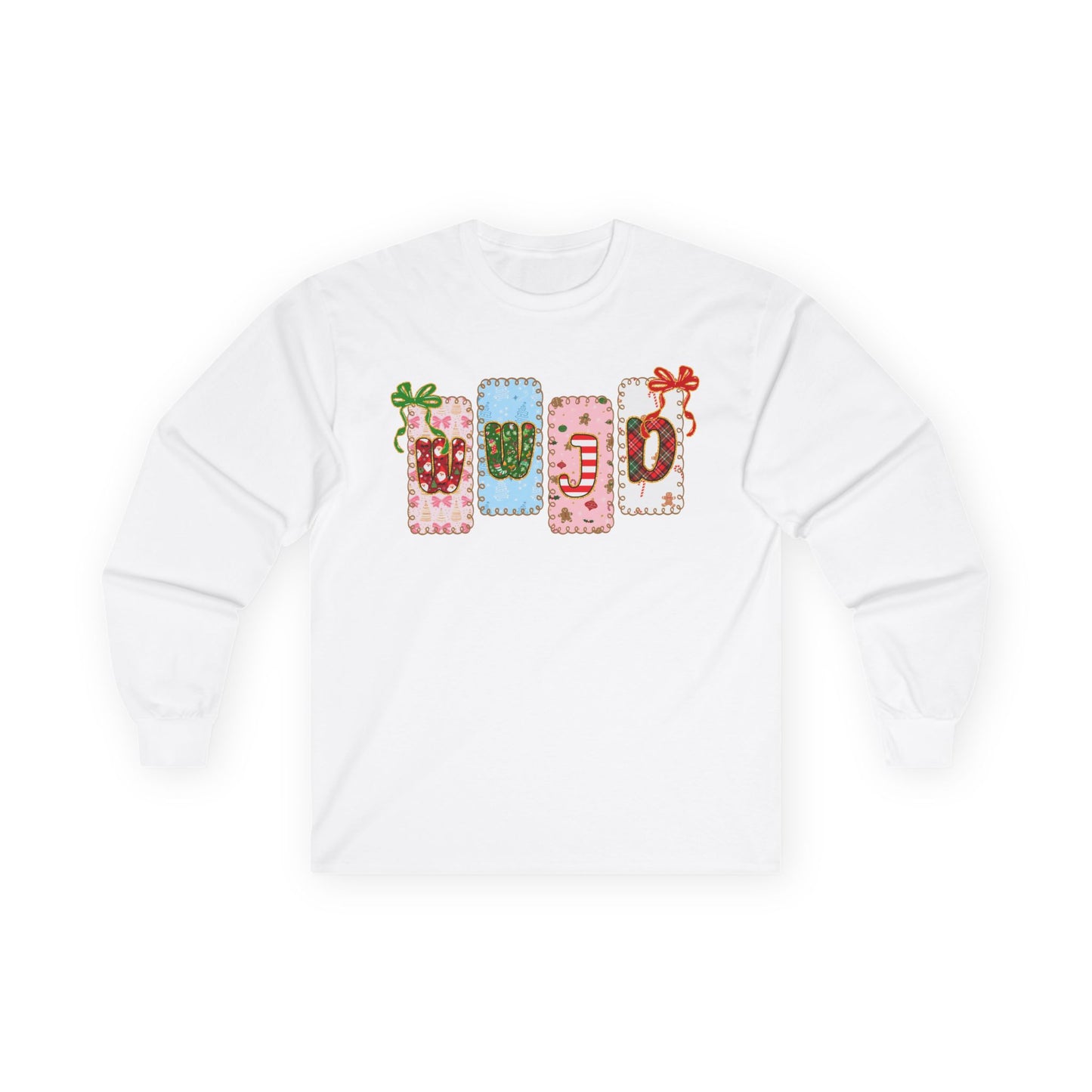 Long Sleeve Tee — Festive Gift Tag Graphic (Holidays, Christmas)