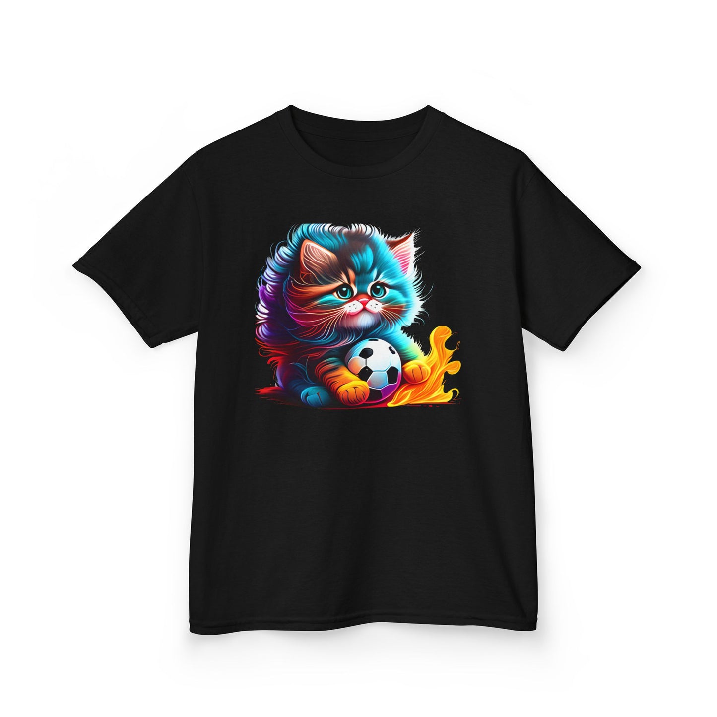 Cute Cat Soccer Kids Tee - Colorful Heavy Cotton Shirt for Young Sports Fans