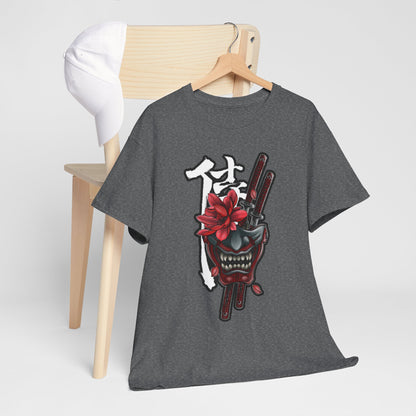 Unisex Heavy Cotton Tee - Floral Samurai Mask Design