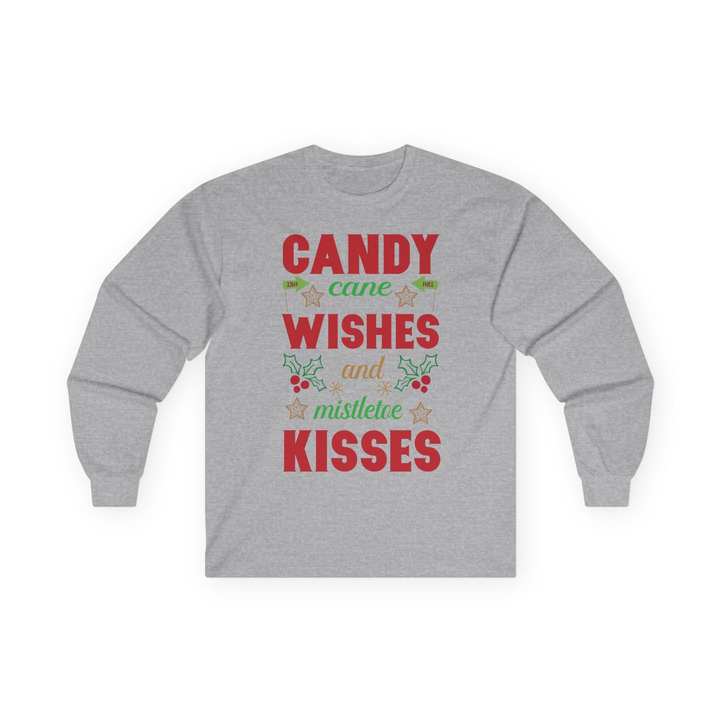 Candy Cane Wishes Long Sleeve Tee, Christmas Shirt, Holiday Gift, Mistletoe Apparel, Winter Fashion, Family Gathering Outfit