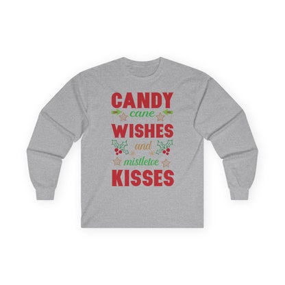 Candy Cane Wishes Long Sleeve Tee, Christmas Shirt, Holiday Gift, Mistletoe Apparel, Winter Fashion, Family Gathering Outfit