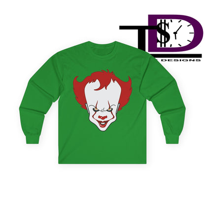 Pennywise Inspired Long Sleeve Tee, Horror Shirt, Movie Merch, Unisex Halloween Apparel, Scary Graphic Tee, Costume Top