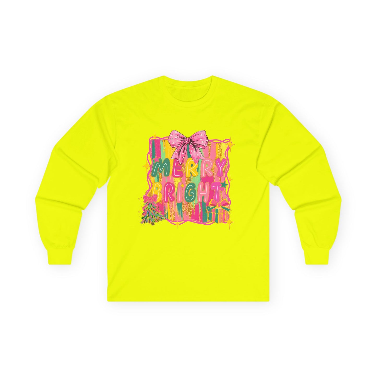 Merry Bright Long Sleeve Tee — Colorful Holiday Graphic Shirt