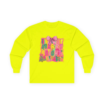Merry Bright Long Sleeve Tee — Colorful Holiday Graphic Shirt