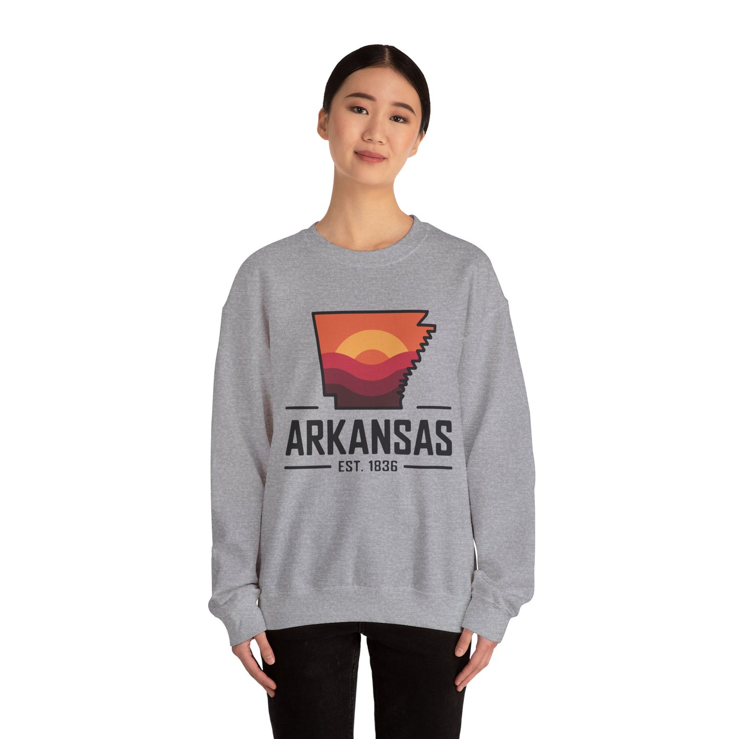 Arkansas Sunset Crewneck Sweatshirt — State Map Graphic, Est. 1836