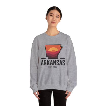 Arkansas Sunset Crewneck Sweatshirt — State Map Graphic, Est. 1836