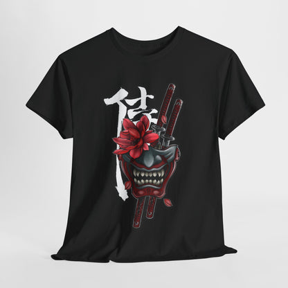 Unisex Heavy Cotton Tee - Floral Samurai Mask Design