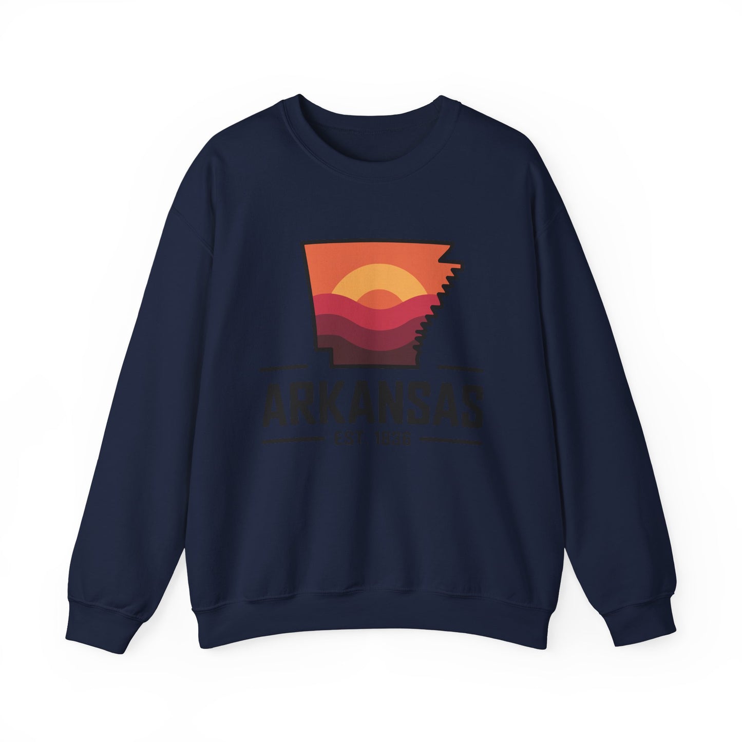 Arkansas Sunset Crewneck Sweatshirt — State Map Graphic, Est. 1836